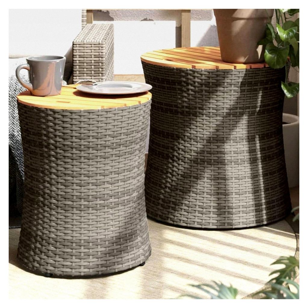 Garten-Beistelltische 2 Stück mit Holzplatte Grau Poly Rattan, Beistelltisch für den Außenbereich, leichter Gartentisch, kleiner Balkontisch fü...