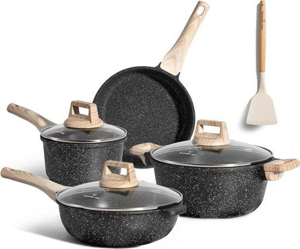 Induktions-Pannenset 8-teilig mit Antihaftbeschichtung und Deckeln für Wok, Bratpfanne, Pfanne, Kessel, alle Warmthöfe