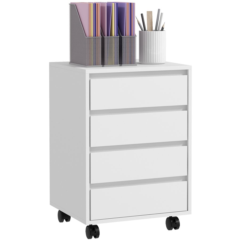 A white mobile storage cart with four drawers, topped with a gray organizer holding colorful paper and a white cup filled with pens.