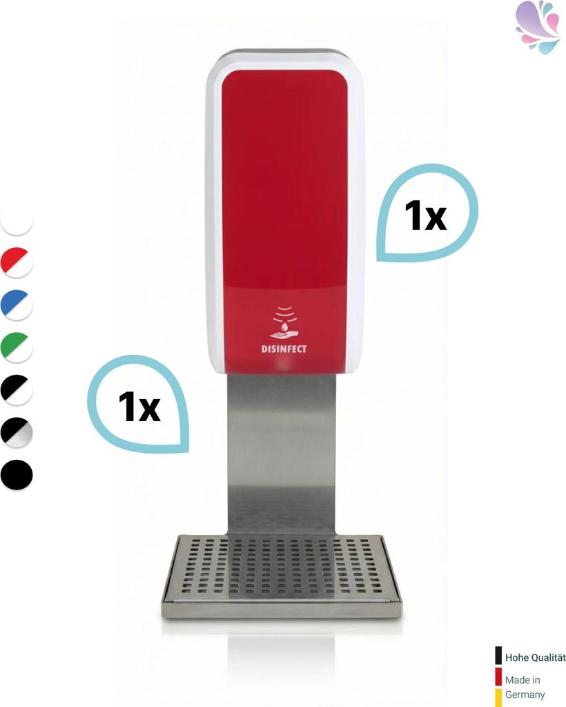 SET: Desinfektionsspender SENSOR, berührungslos Blanc Cosmos versch. Farben+Edelstahlhalterung mit Auffangschale : Farbe - Rot / Weiß Farbe: Rot ...