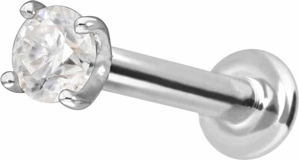 Ohrpiercing, Nasenpiercing 14 Karat Gold Labret mit Push Fit MOISSANIT WeißGold Stablänge: 6mm | Stabstärke: 1mm | Kristallgröße: 2,5mm