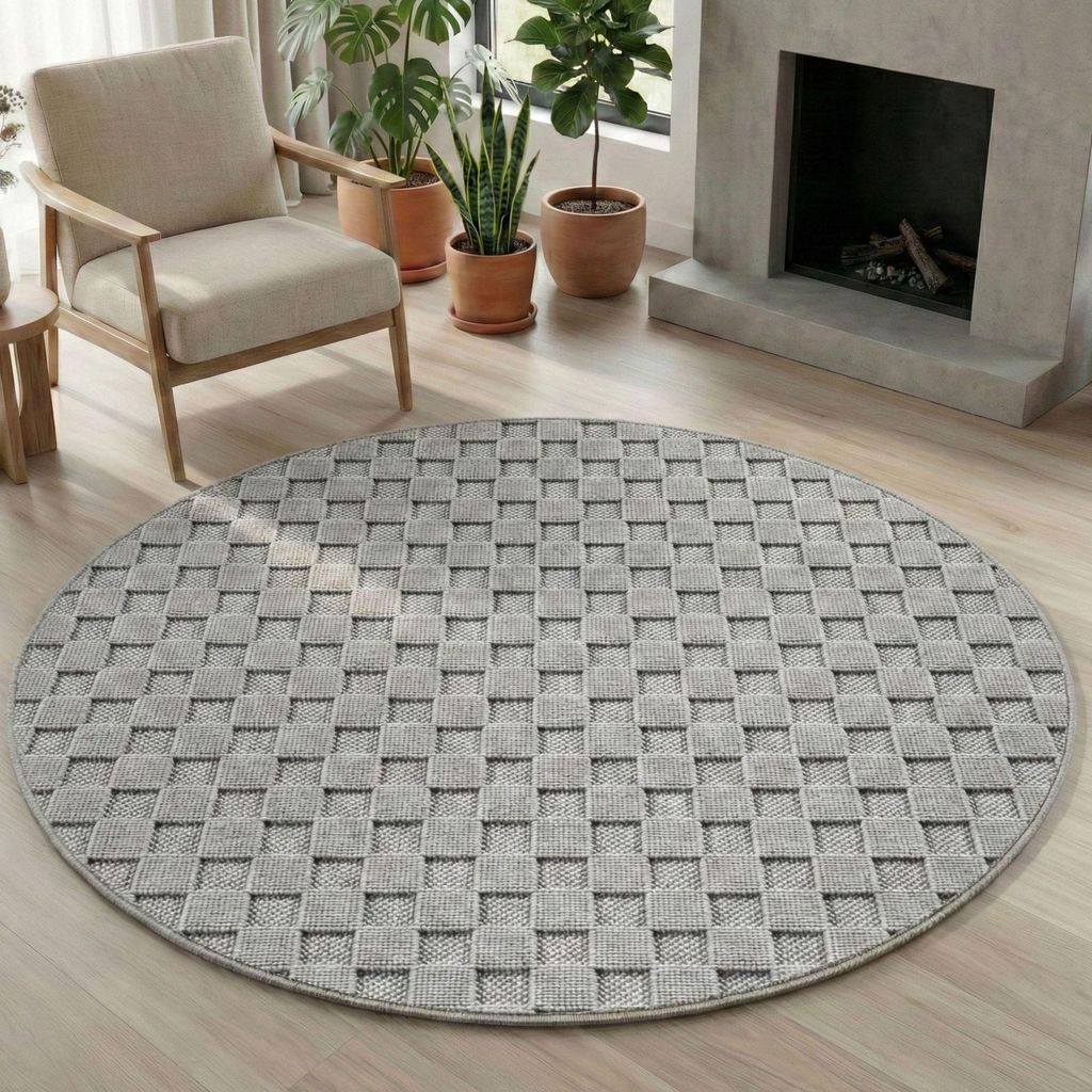 Carpetsale24 Teppich Wohnzimmer Bouclé Schlingenflor Skandi Stil Karo Design Robust Superweich für Schlafzimmer, Grösse: 120 cm Rund