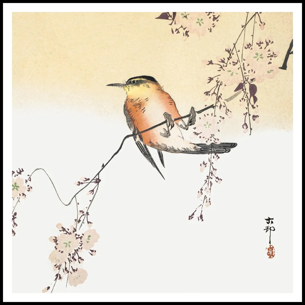 Poster 100x100cm Songbird Ohara Koson - Vintage Giapponese per Salotto