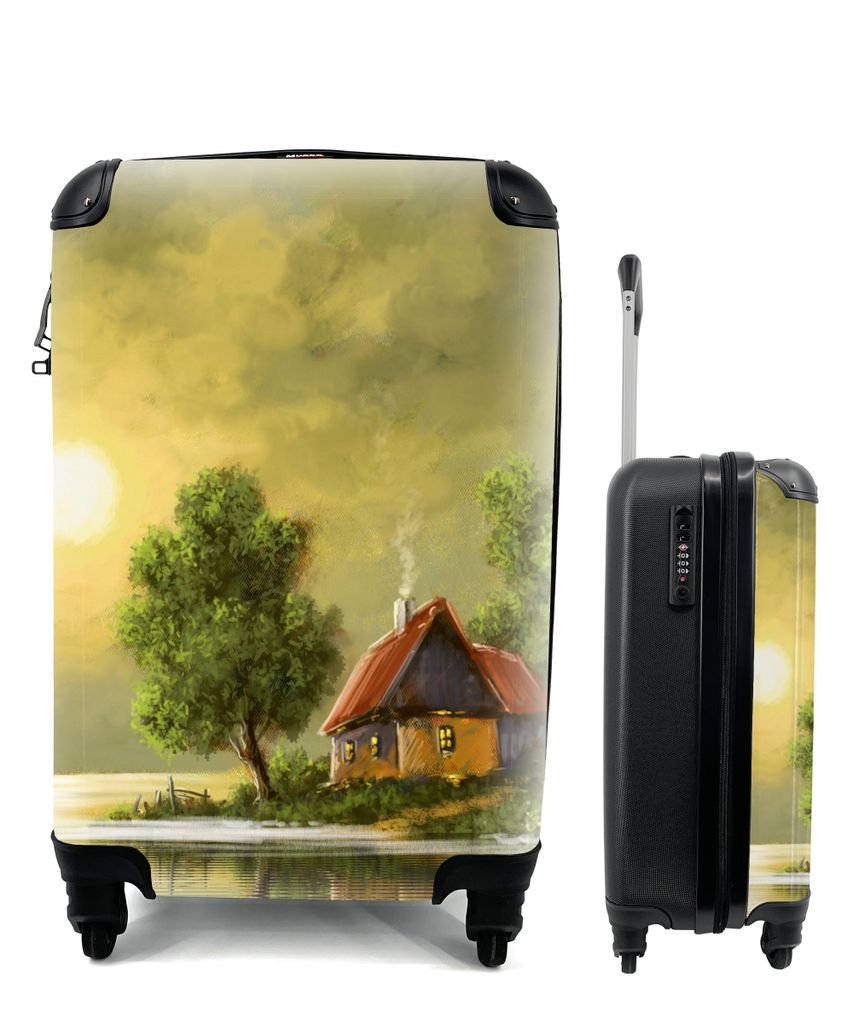MuchoWow Koffer Handgepäck Trolley Rollkoffer Kleine Reisekoffer mit 4 Rollen - Gemälde - Ölfarbe - Haus - Natur - Wasser - Cabin Size < 55x40...