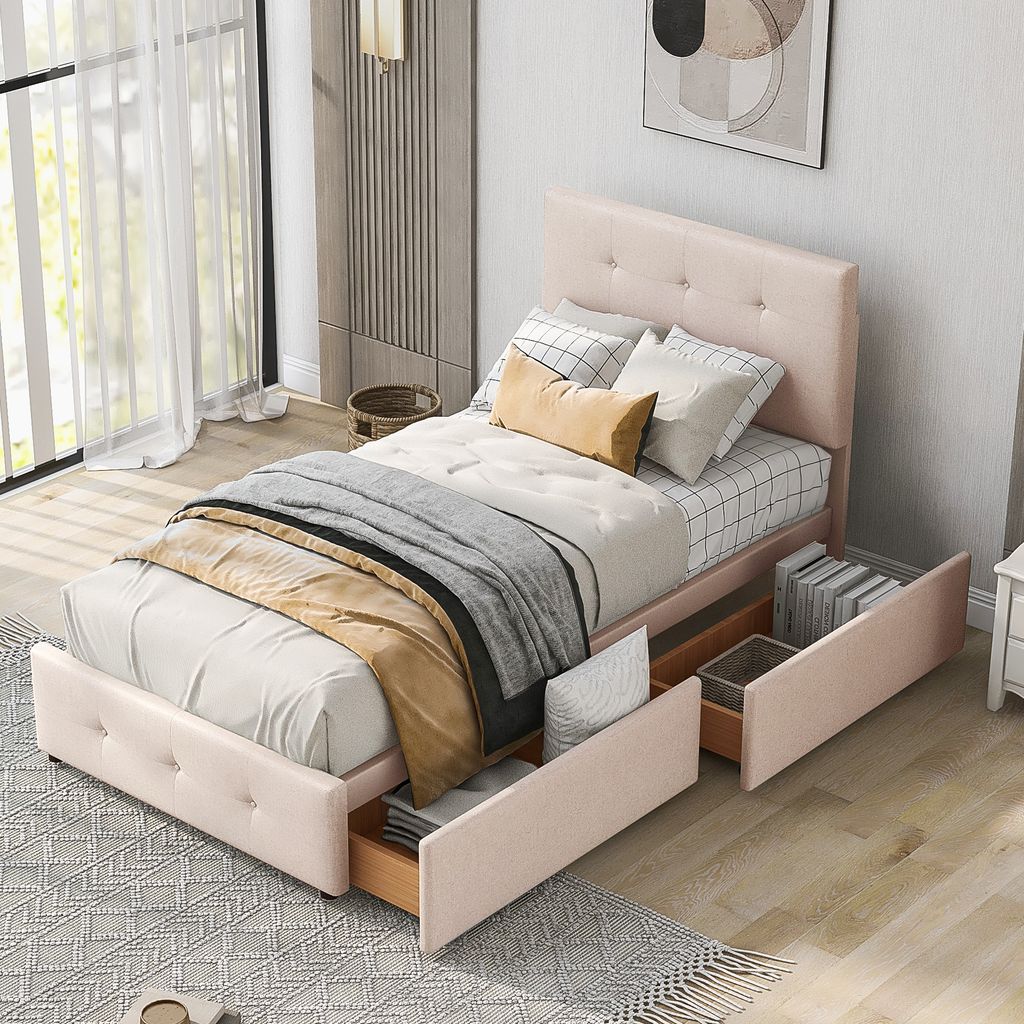 STILVORA Kinderbett 90x200 Einzelbett mit Lattenrost,Jugendbett flaches Gästebett mit Rückenlehne und zwei Schubladen,ohne Matratze,Dunkelbeige