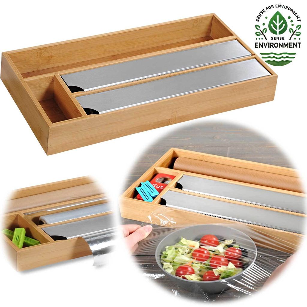 LS-LebenStil 4-fach Holz Folienspender Bambus Schubladen Alufolienspender Folienschneider Alufolie Alufolien-Spender Frischhaltefolie Folienabroller