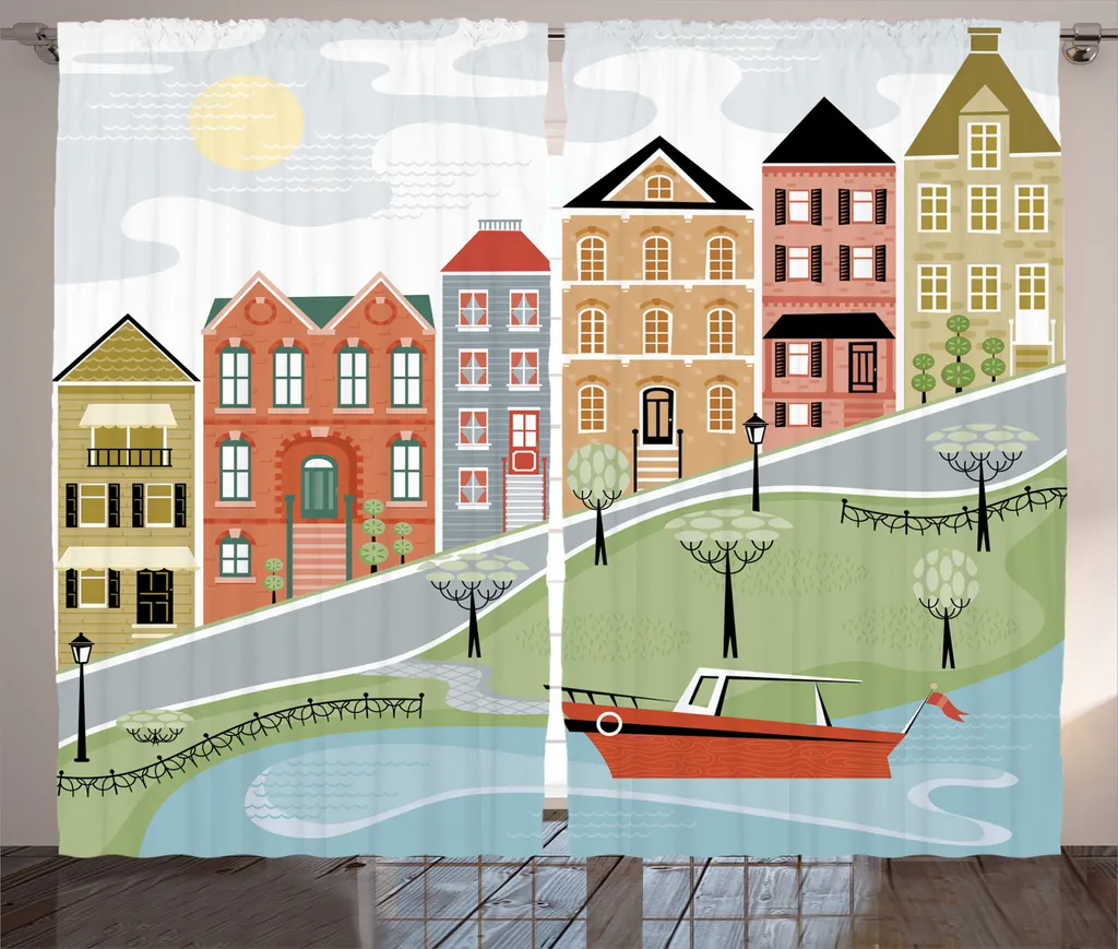Rideau de décoration pour salon 280x225cm motif village vert canard chic