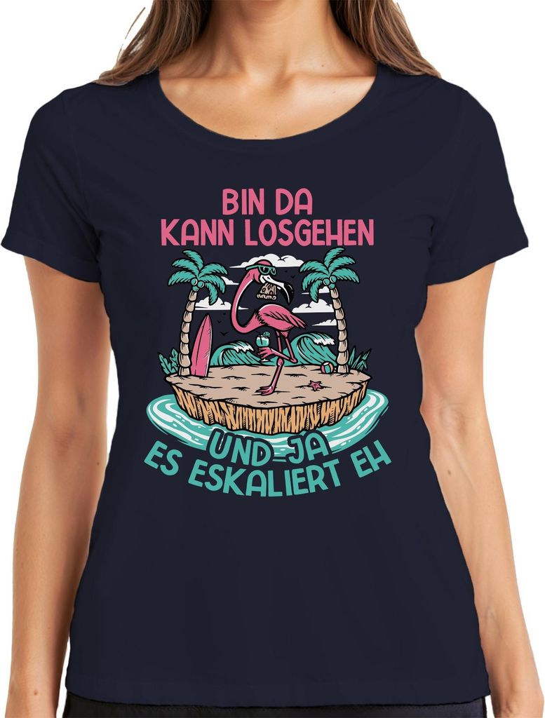 Bin da kann losgehen eskaliert flamingo strand party urlaub insel Damen T-Shirt, Navy, XXL