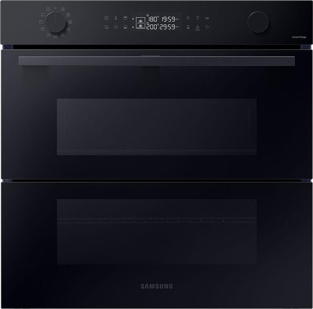 A front view of a black Samsung built-in oven with two compartments.