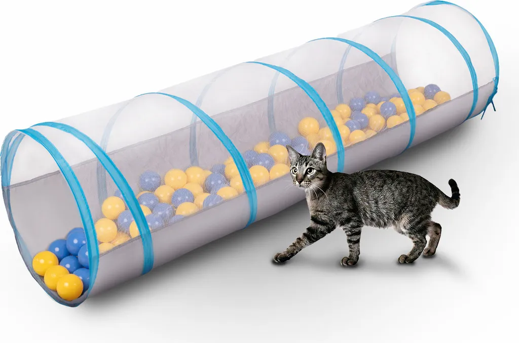 Petsona Tunnel pieghevole per animali domestici Tunnel per gatti con 100 palline Leggero e portatile per uso interno ed esterno Facile da pulire, grigio: blu/giallo