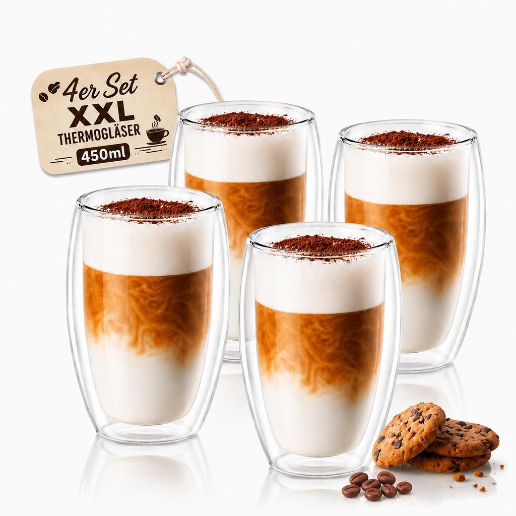 4x Latte Macchiato Gläser doppelwandig 450ml Cappuccino Produktbild  KI-generiertes Bild