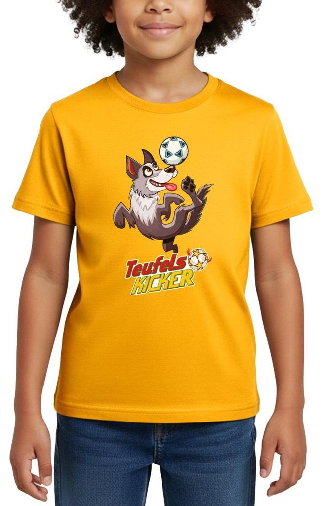 Spreadshirt Teufelskicker Hund Cico Mit Fußball Kinder T-Shirt, 110/116 (5-6 Jahre), Gold