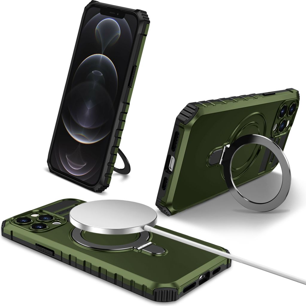 Für iPhone 12 Pro Hülle Magsafe Magnetisch Ring Ständer Schutzhülle, Dual Layer Handyhülle Grün