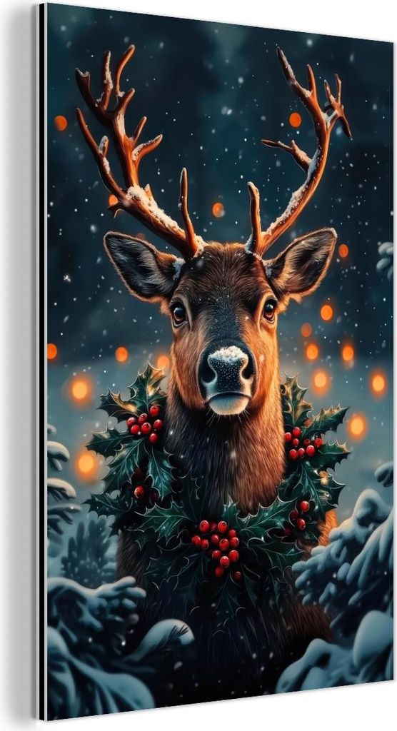 MuchoWow Wanddekoration Metall Metallbild Wandkunst 40x60 cm Hirsch - Weihnachten - Winter - Schnee - Weihnachtskranz MuchoWow Aluminium Gemälde -...