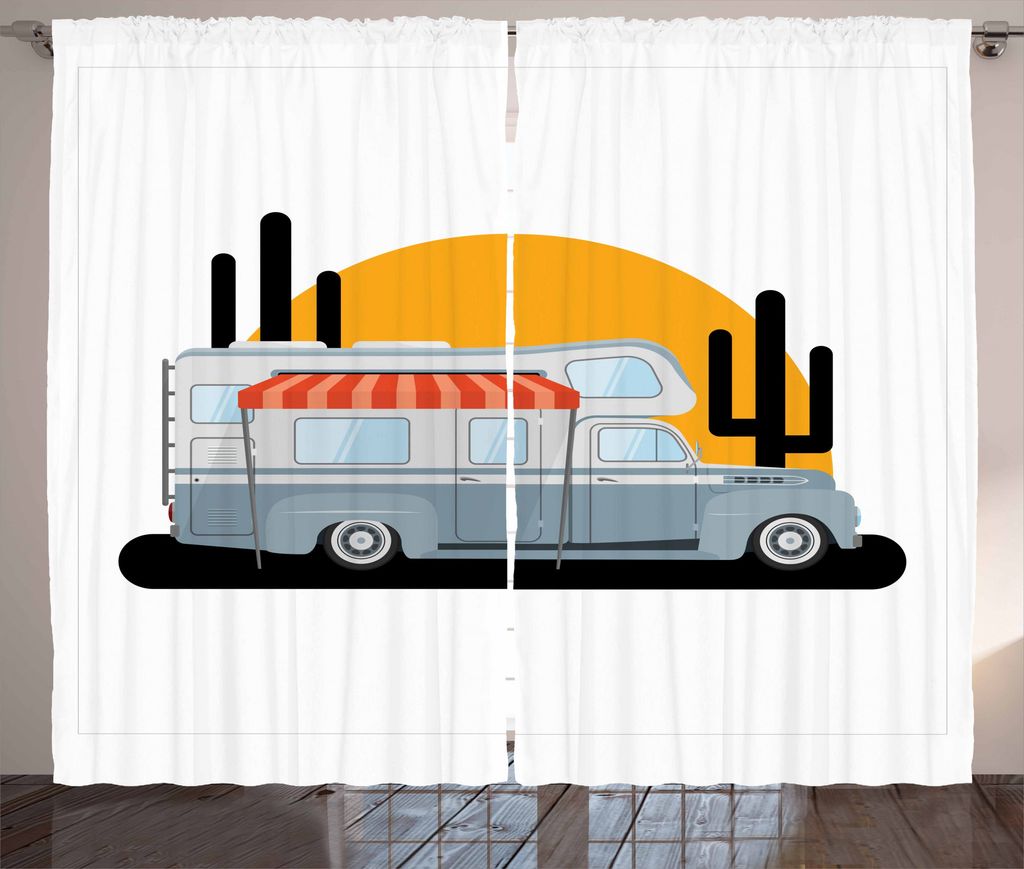 ABAKUHAUS RV Rustikaler Gardine, Cartoon Camper Trailer Sonnenuntergang, Schlafzimmer Kräuselband Vorhang mit Schlaufen und Haken, 280 x 175 cm, M...