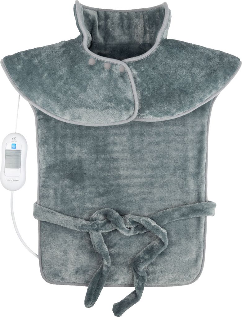 A gray heated shoulder and neck wrap is shown against a white background.