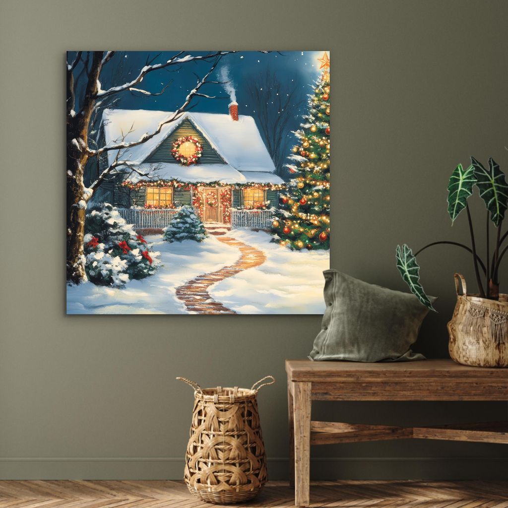 MuchoWow Wanddekoration Metall Metallbild Wandkunst 90x90 cm Weihnachten - Weihnachtsbaum - Winter - Zuhause - Schnee MuchoWow Aluminium Gemälde -...