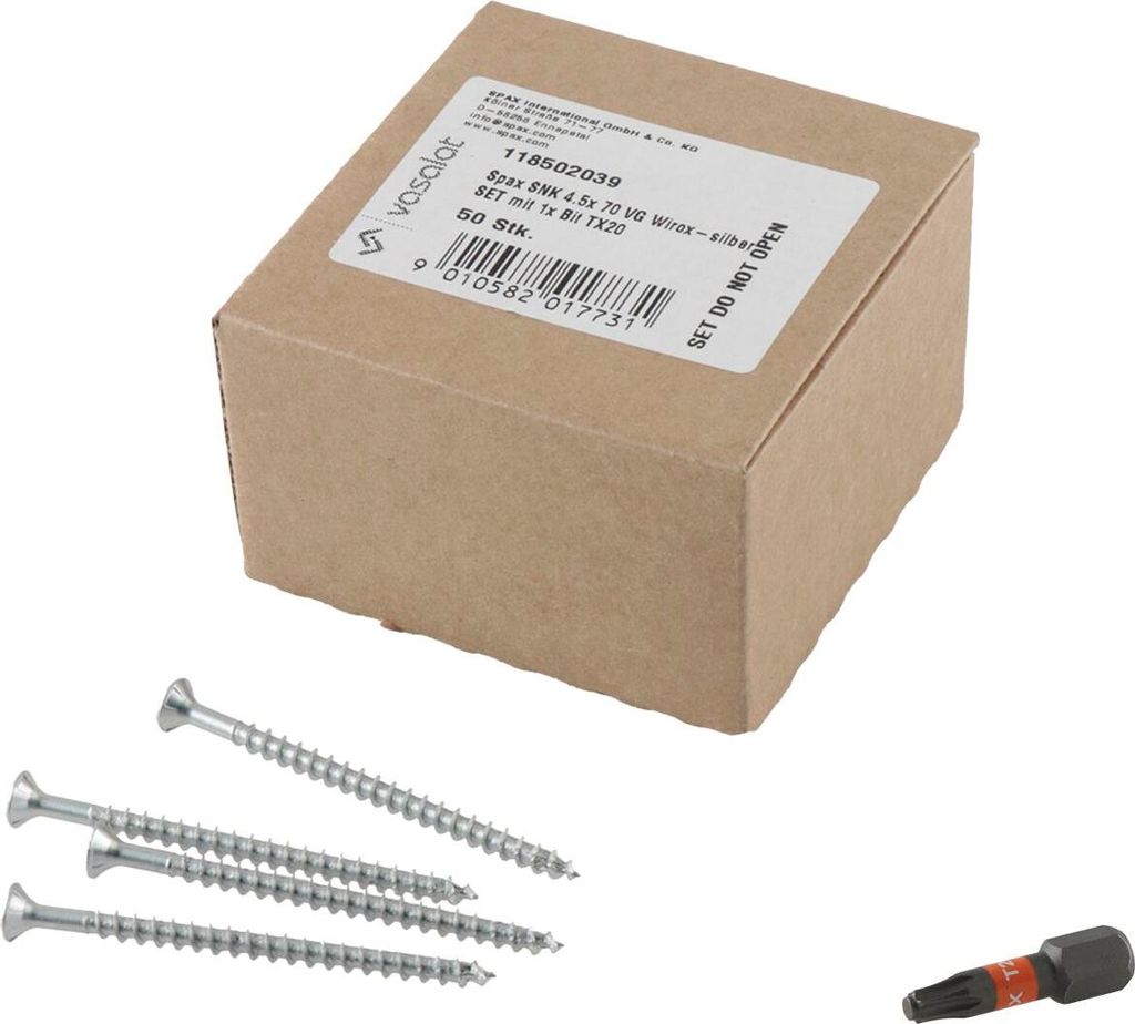 Spax 4,5x70 Senkkopfschrauben Vollgewinde TX20 4CUT mit Wellenschliff, T-Star plus & Spax Bit T-Star plus T20, Wirox - 51-teilig