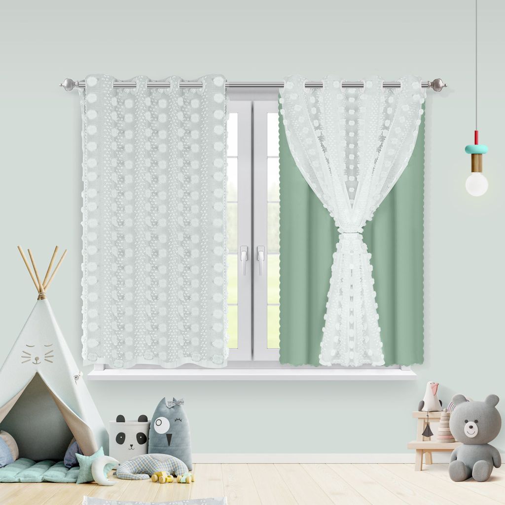 Fertiggardinen 132x160cm Kindervorhang Ösen Gardinen mit PomPom Doppelschichtige Kinderzimmer Vorhänge,Baby Gardinen Doppelschichtig,Grün