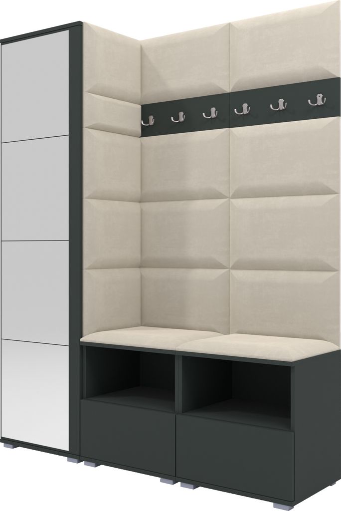 Garderoben-Set Nela II mit Spiegel, Polstergarderobe mit zwei Schuhschränke und Wandpaneele, Flurgarderobe mit Hochschrank (Farbe: Graphit + Trini...