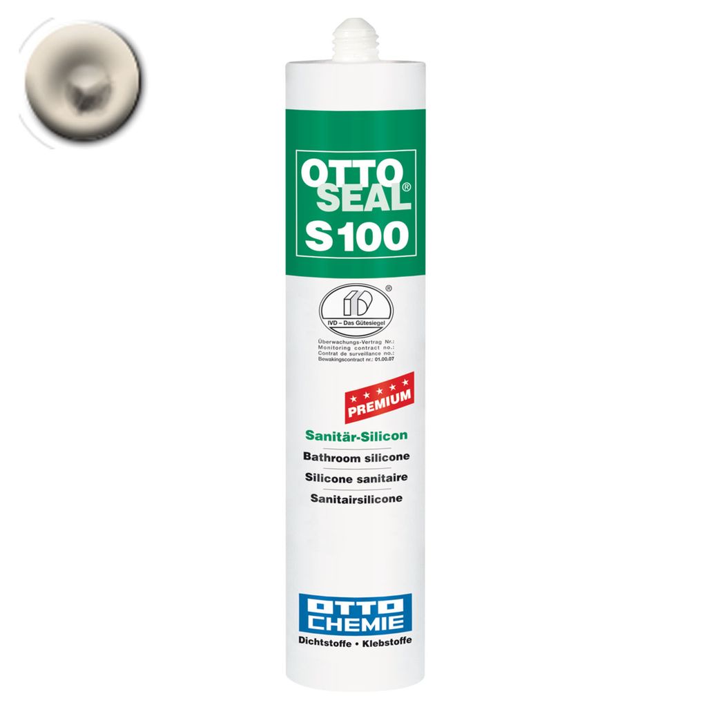 A tube of silicone sealant on a white background.