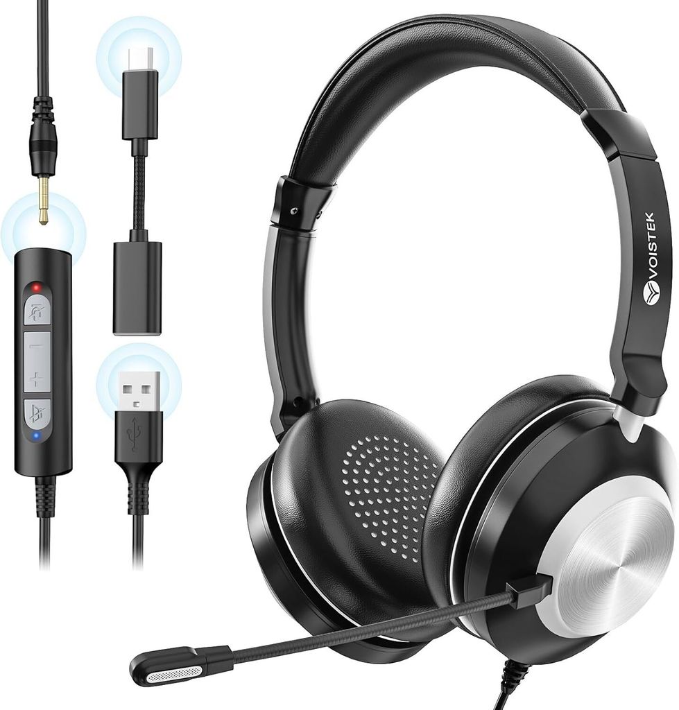 Headset mit Mikrofon USB/3,5-mm Typ-C Headset mit Rauschunterdrückung, Klare Stereo-Sound PC Headset für Call Center Office Telefonkonferenzen Skype