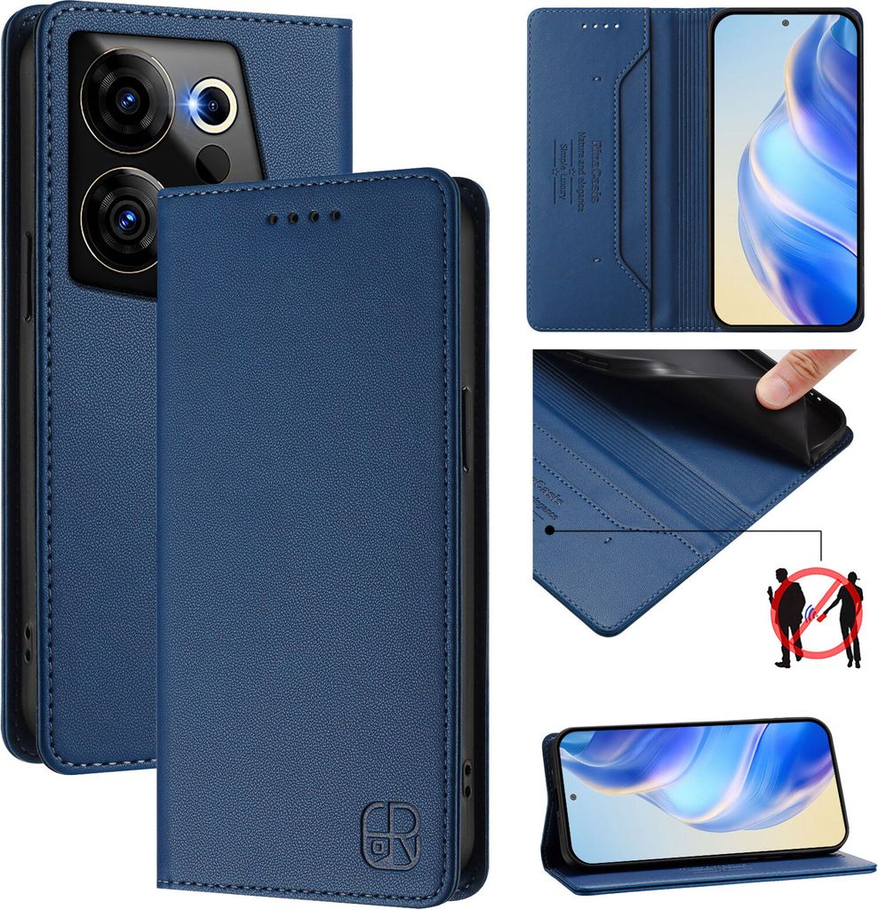 Lederhülle für Tecno Camon 20 Premier 5G Hülle Flip Brieftasche Kartenfächern Ständer Schutzhülle Blau