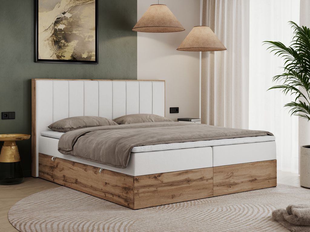 MKS MEBLE Boxspringbett 180x200 mit Bettkasten Eiche, Polsterbett 180x200 mit Matratze H4, Bett 180x200 mit Kopfteil, Bett mit Holzrahmen in Wotan ...