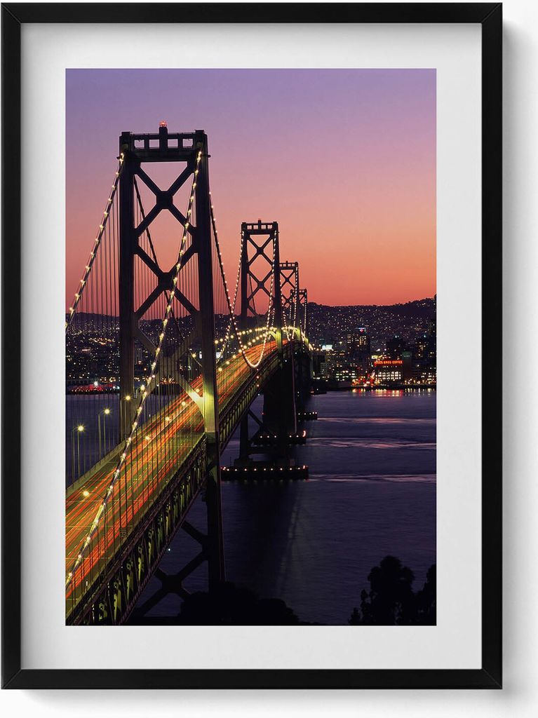 San Francisco Bridge und Sonnenuntergang– Wandbild mit Rahmen – Gerahmtes Bild – Wanddekoration – 50x70 cm – Schwarz Rahmen