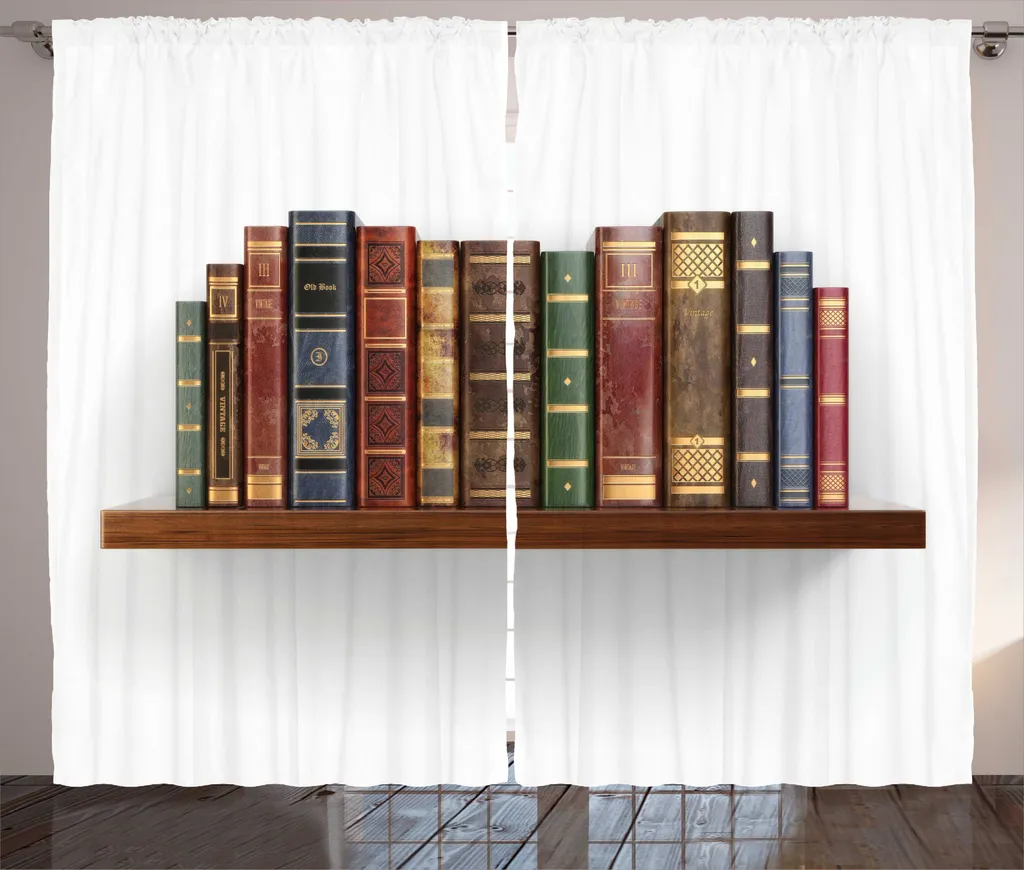 Rideau Imprimé Bibliothèque Rustique pour Salon avec Crochets 280x225cm