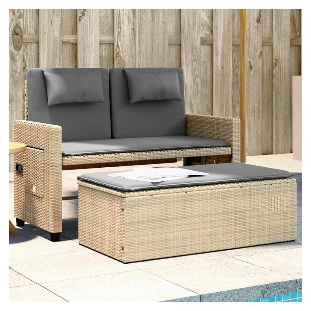 Gartensofa mit Schlaffunktion, 2-Sitzer mit Beistelltisch und Hocker, Balkon Lounge Klein, Rattan Sofa in Beige und Grau