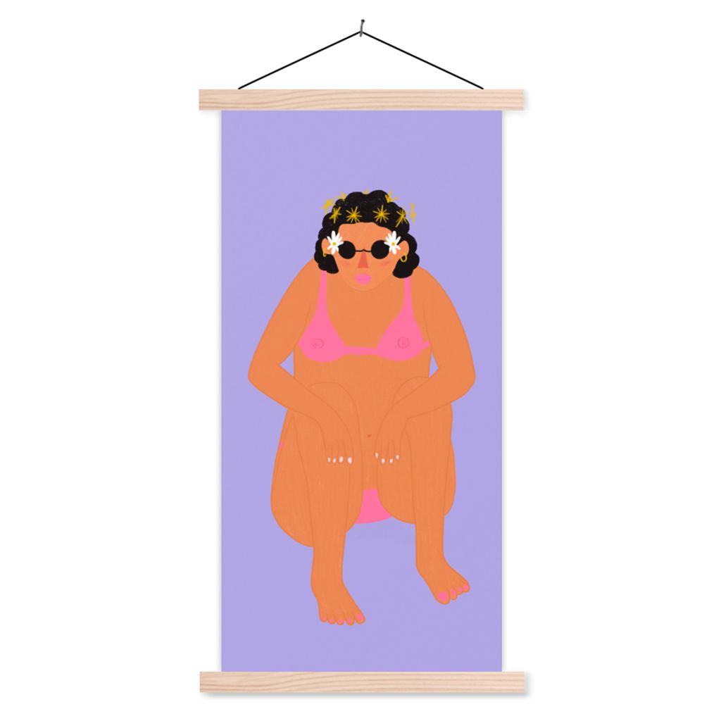 MuchoWow Textilposter Frau - Bikini - Retro 60x120 cm mit holzfarbenen Rahmen - Holz