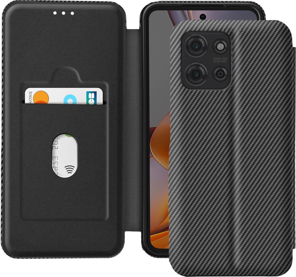 Avizar, Etui für Motorola Moto G75 Carbon Design, Video-Ständer & RFID-Blocker, Schwarz