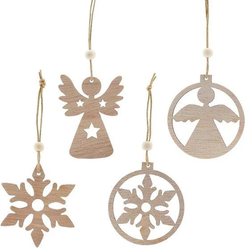 Ornements de Noël en bois flocon et ange gravés à la main - Lot de 12