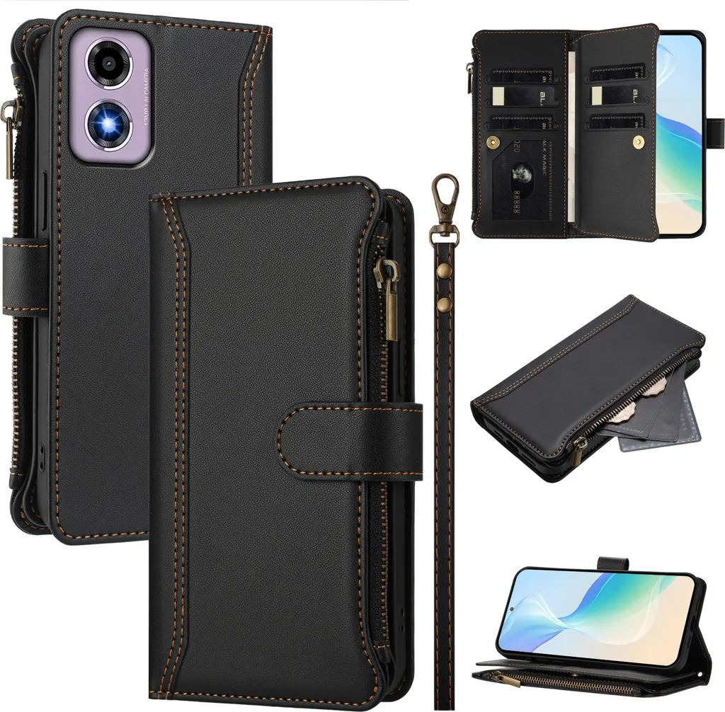 Custodia per Motorola Moto E14/G04/G04s, con cerniera, portafoglio, flip case in Finto cuoio con tasche per carte, supporto e passante per la mano nero