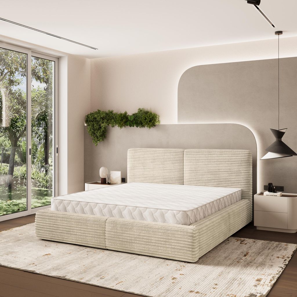 Masseno Polsterbett FELURO 140x200 cm, Polsterbett mit Bettkästen -Creme, TILIA 03