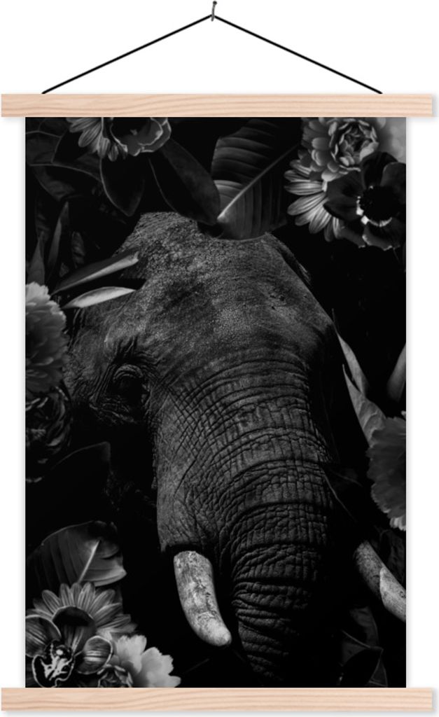 MuchoWow Textilposter Botanischer Elefant vor schwarzem Hintergrund - schwarz und weiß 40x60 cm mit holzfarbenen Rahmen - Poster