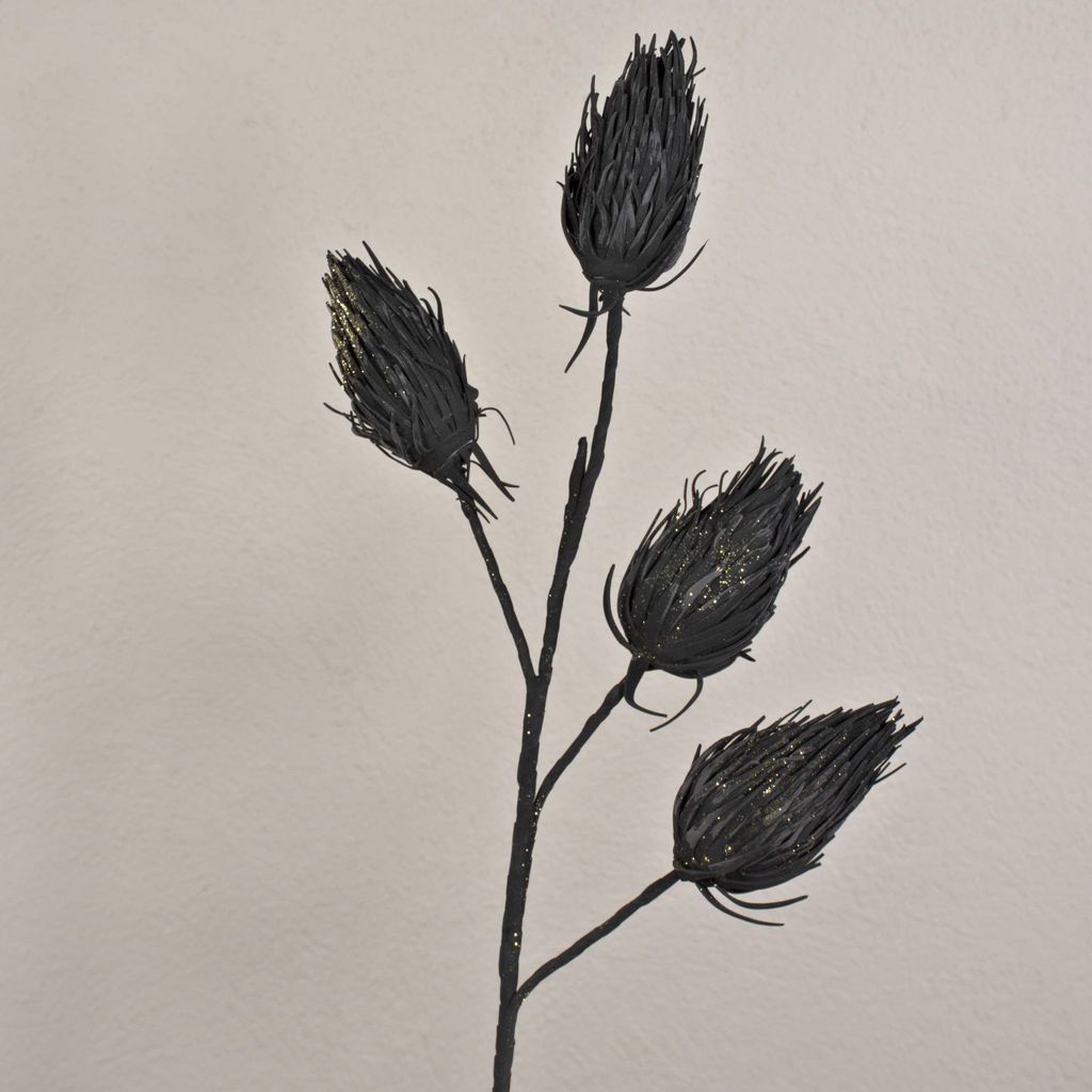 artplants.de Kunstblumen Zweig Edeldistel Misael mit Glitzer, schwarz, 120cm - Kunststoff Zweig