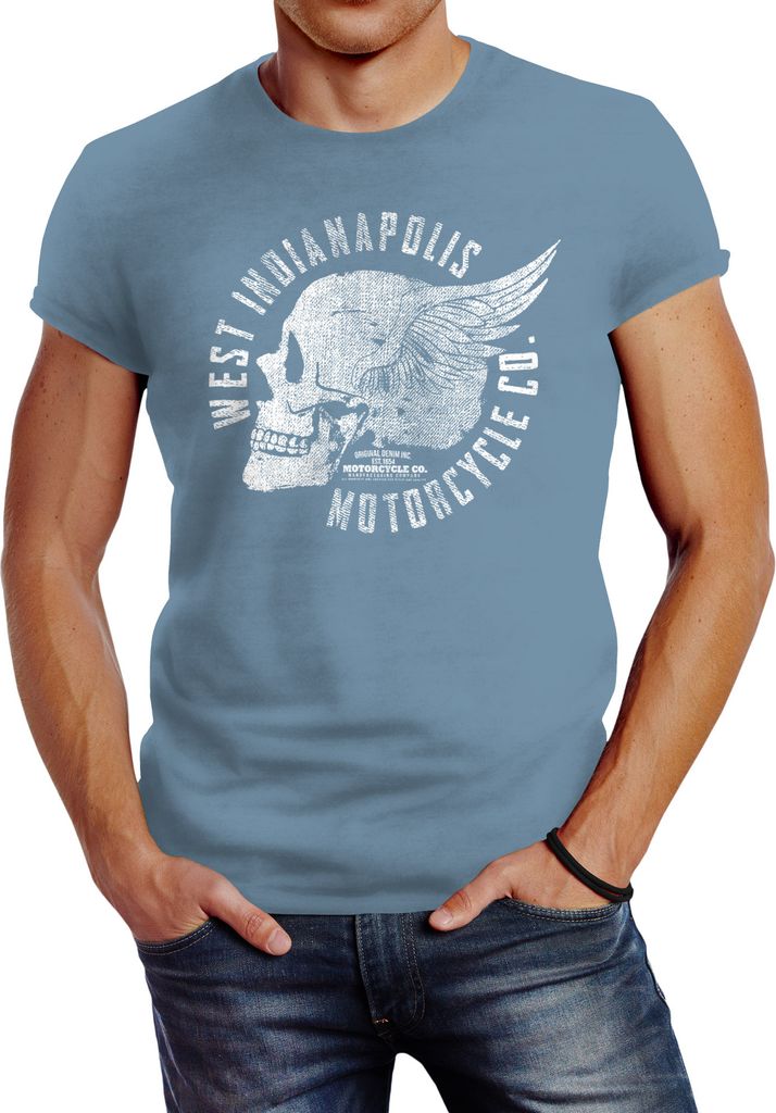 Herren T-Shirt Motorrad Biker Totenkopf Skull Wings Vintage Slim Fit Neverless stone blue XXL