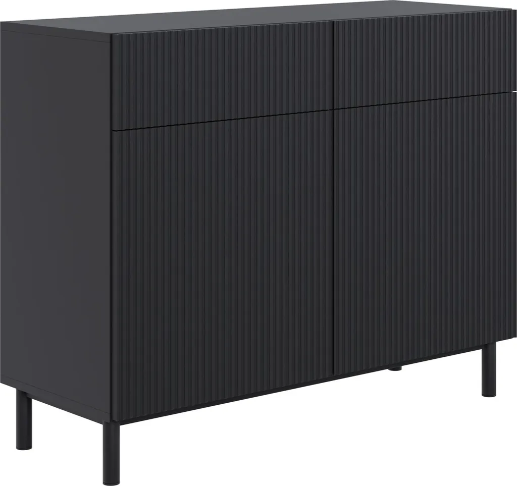 Buffet 2 portes façade rainurée noir Veldio New 100 cm avec 2 tiroirs