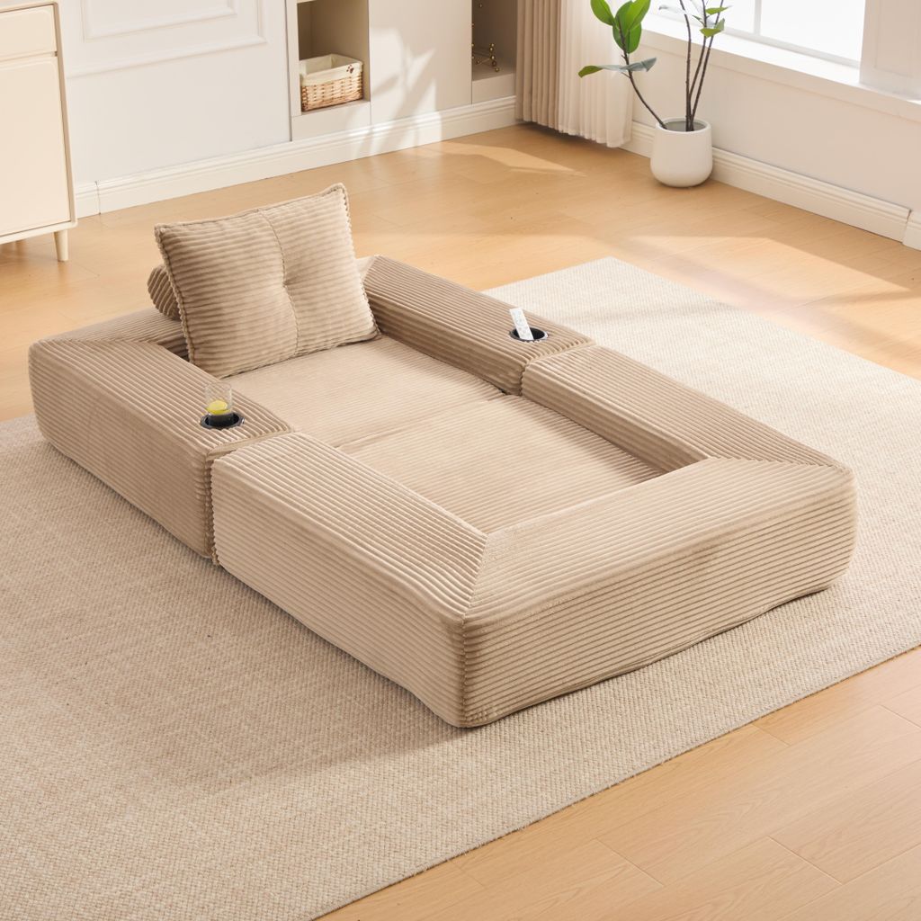 okwish Modulares Sofa Liegesessel mit Getränkehalter und Seitentasche, Klappsofa einfache Montage,Cord,für kleine Wohnungen,khaki