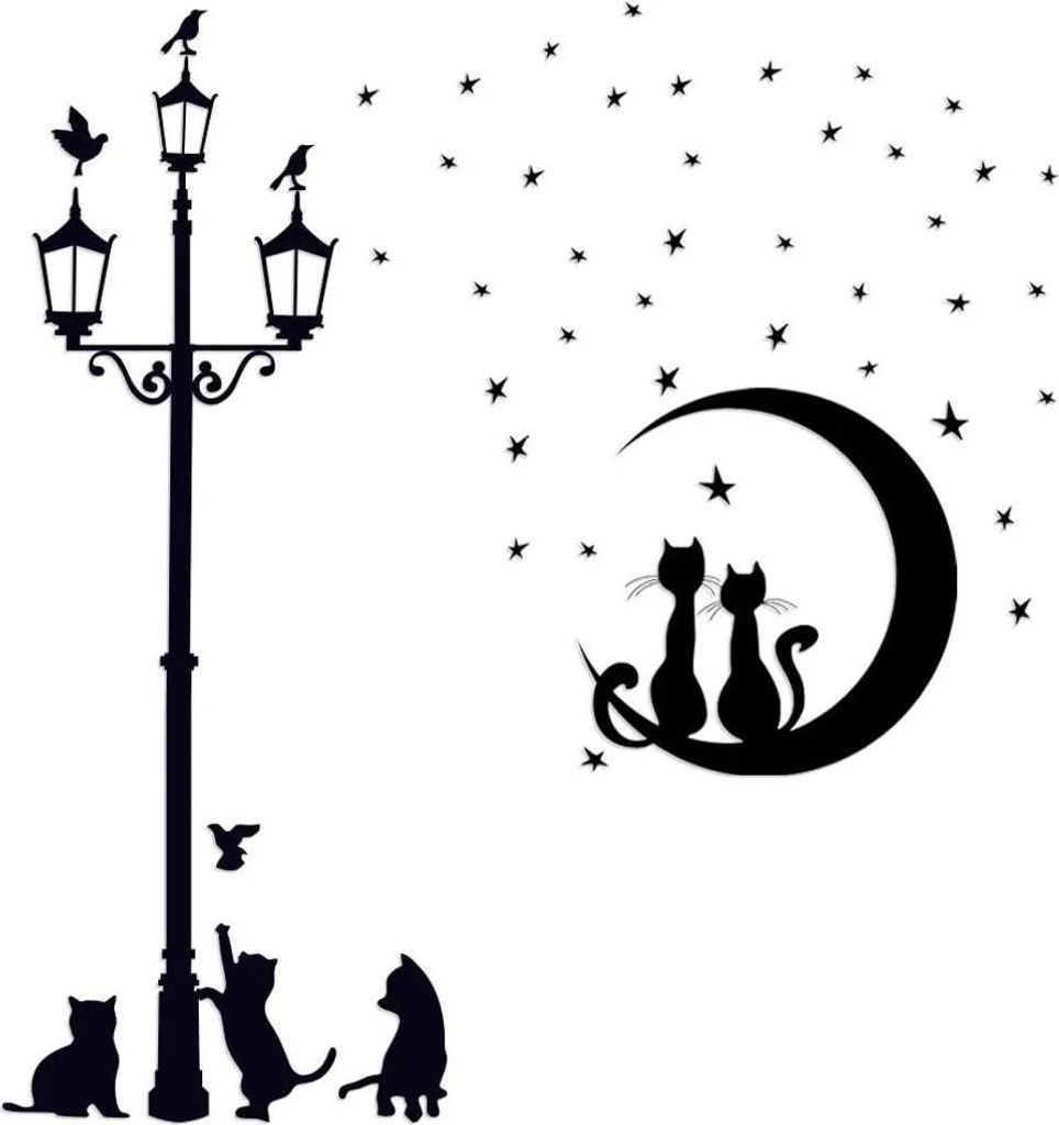 Set mit 2 Wandaufklebern Katzenmotiv, selbstklebend, schwarze Straßenlaternen-Stern-Katzen-Wandaufkleber, Wanddekoration für Wohnzimmer, Kinderzi...