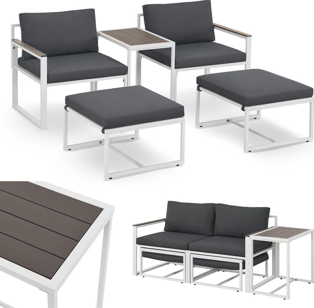 Collage of outdoor furniture pieces including chairs, ottomans, and a sofa set.
