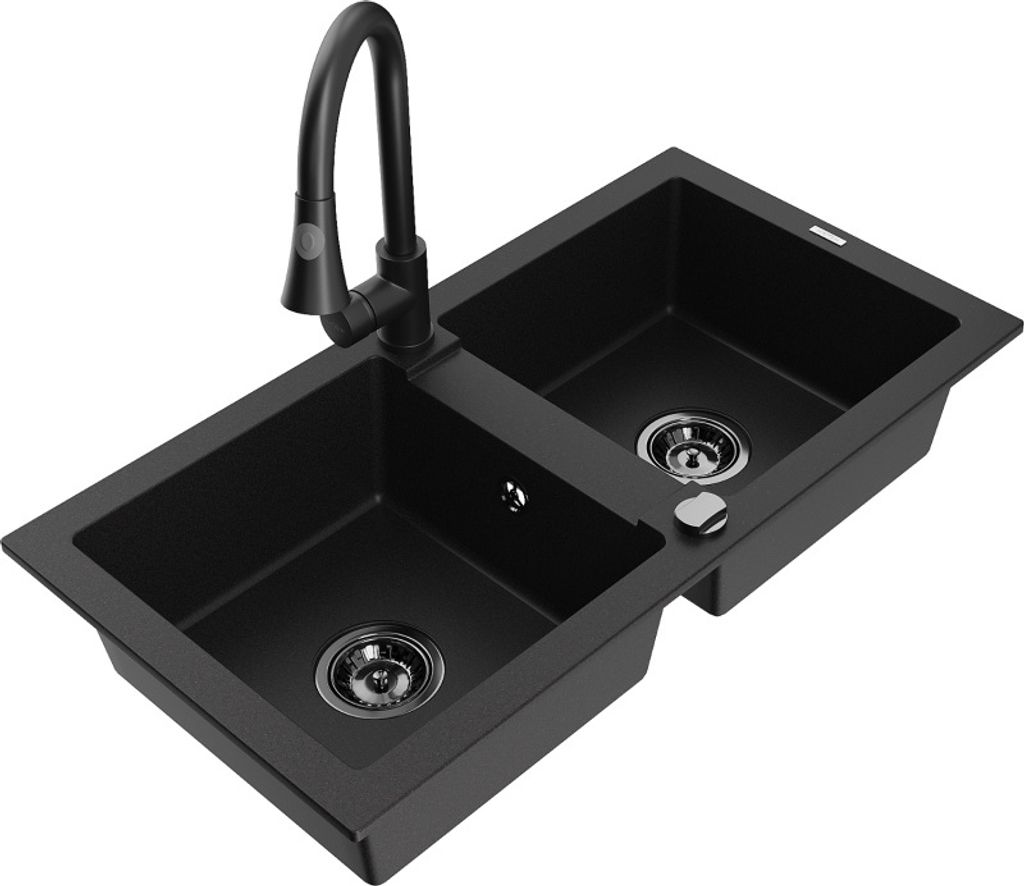 Mexen Mario 2-Becken-Granitspüle mit Mischbatterie Elia, Schwarz - 6504-77-670101-70-B