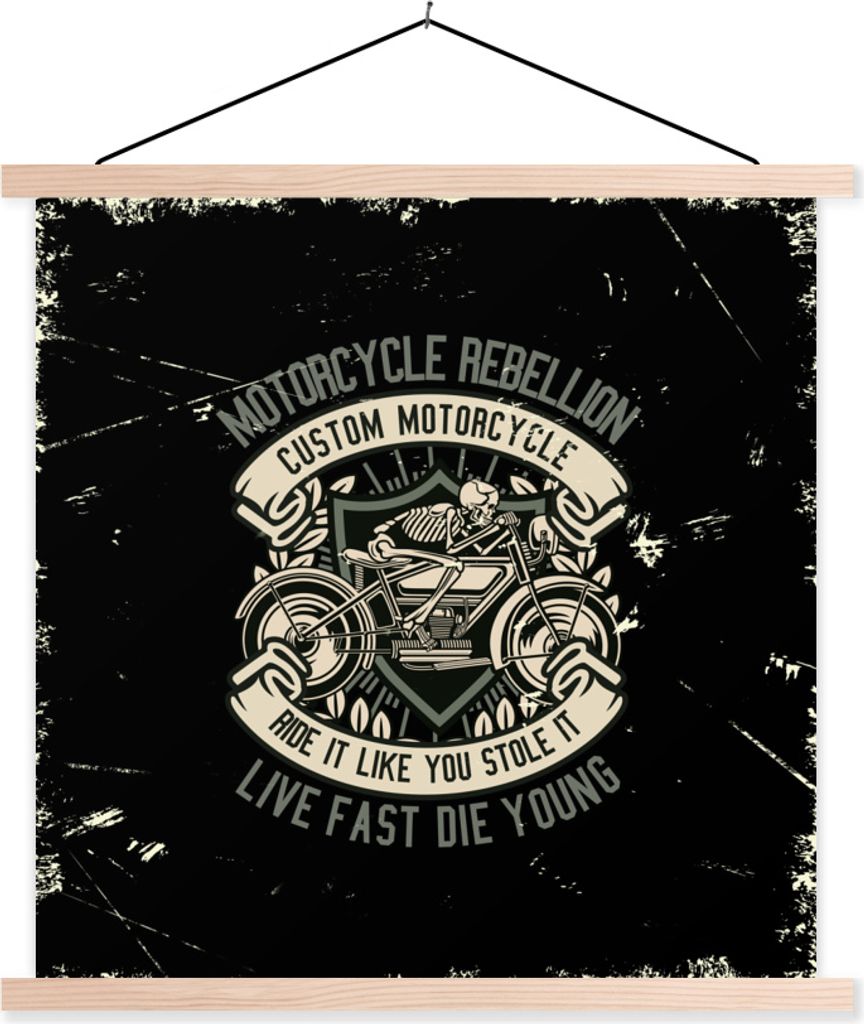 MuchoWow Textilposter Motorrad - Skelett - Retro 40x40 cm mit holzfarbenen Rahmen - Posterleiste