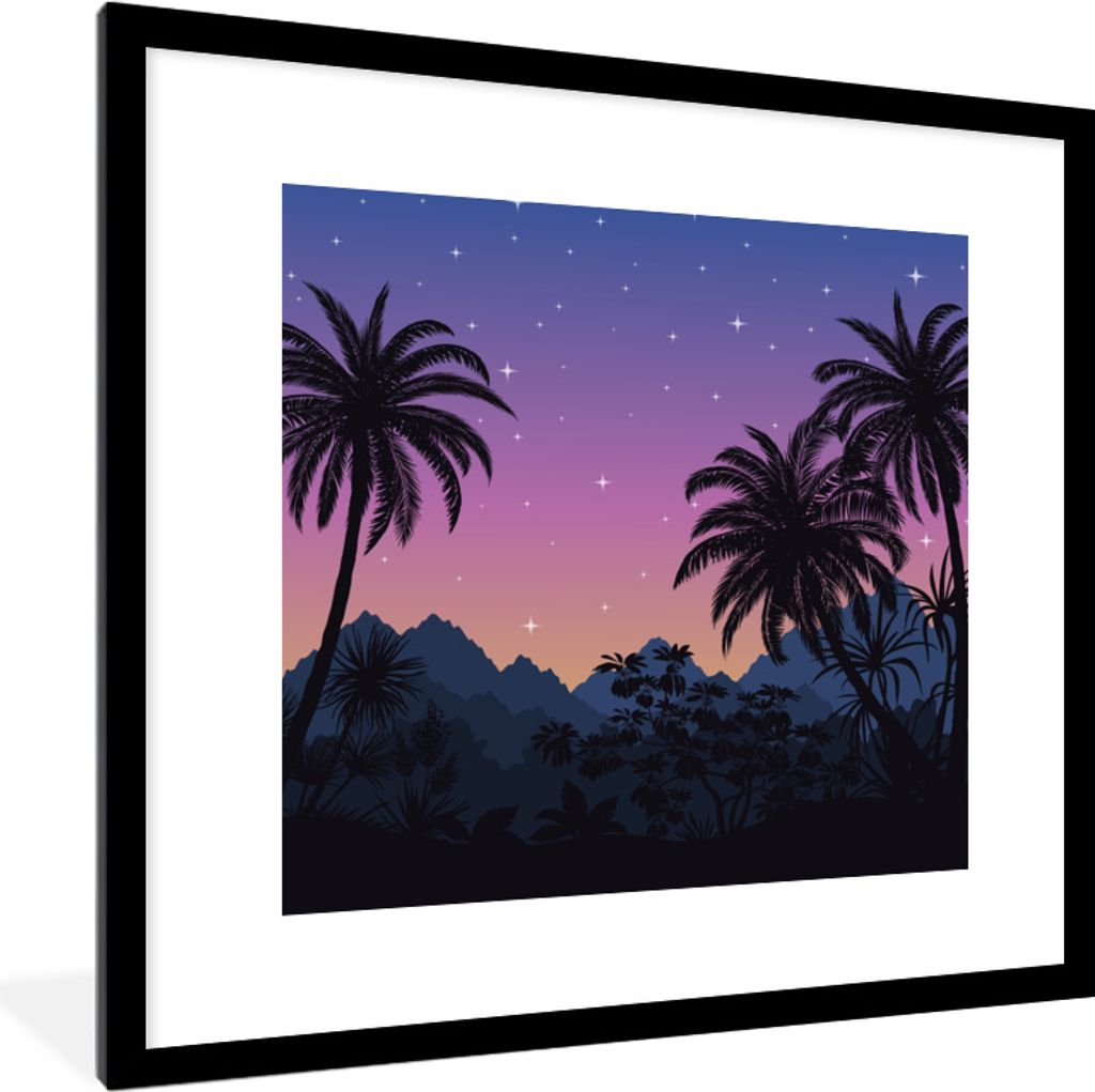MuchoWow MuchoWow Gerahmtes Poster Sternenhimmel - Palme - Berg 40x40 cm - Poster mit zchwarzem Bilderrahmen - Poster - Plakat im Rahmen