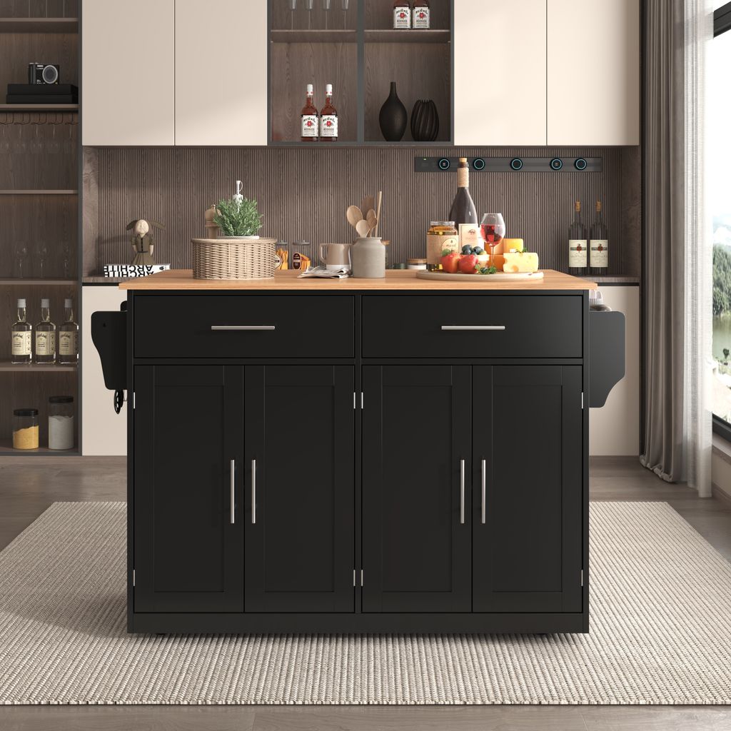 A black kitchen island with a wooden countertop is shown in a kitchen setting.