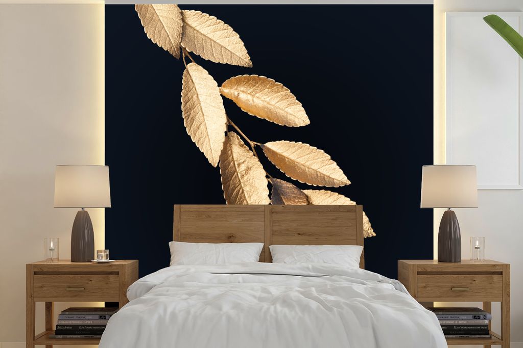 MuchoWow Fototapete für Wohnzimmer oder Schlafzimmer Wandtapete Vinyl Motivtapete Blätter - Gold - Zitat - 350x350 cm - Schlafzimmertapete