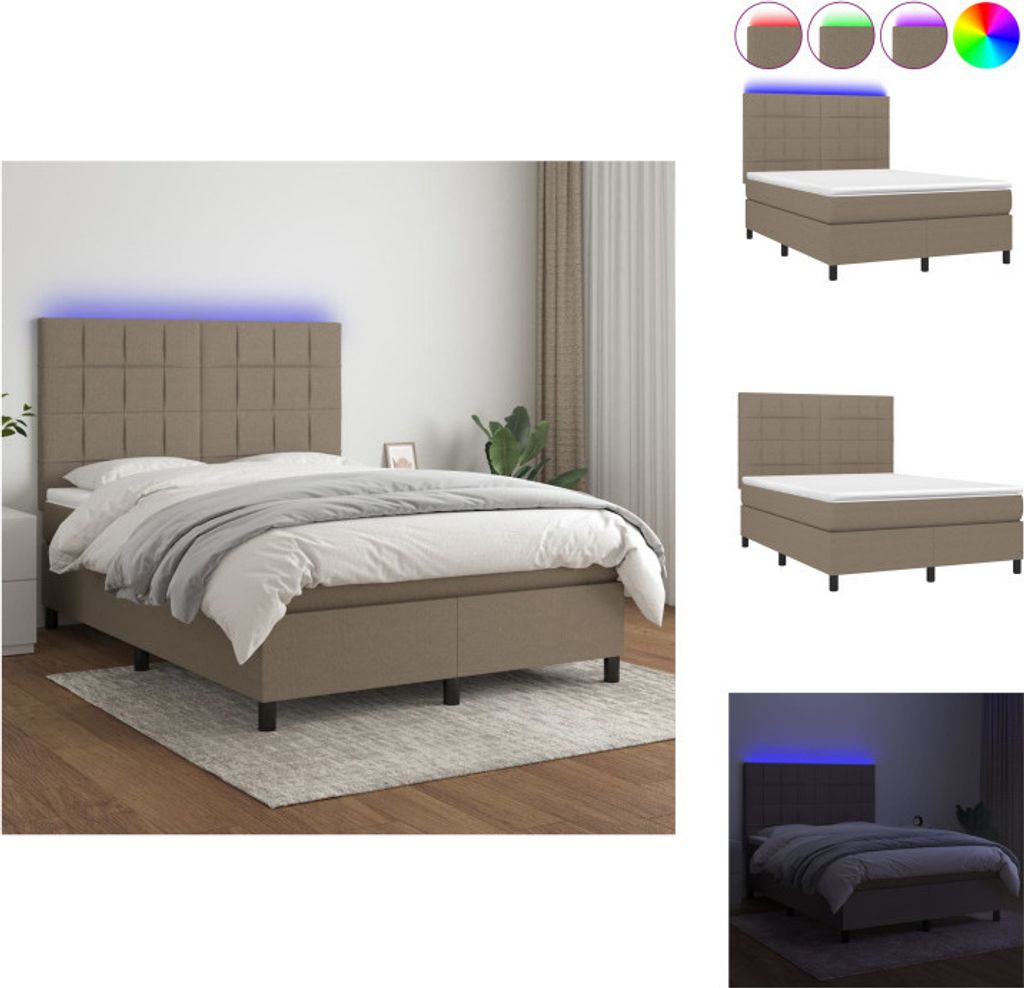 vidaXL Boxspringbett mit Matratze & LED Taupe 140x200 cm Stoff - Betten & Bettgestelle