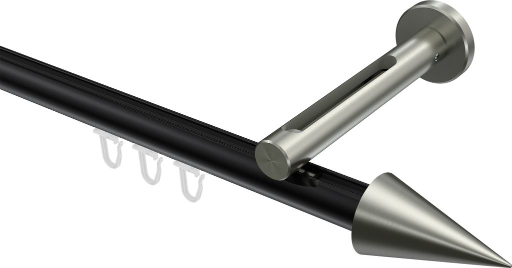 Interdeco Innenlaufstange / Gardinenstange mit Innenlauf Schwarz / Edelstahl-Optik, Typ Siteno Savio (Kegel), 20 mm Ø 1-läufig, 200 cm
